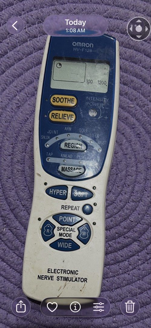 Omron HV-F128 Electronic Nerve Stimulator (Category: Medical Supplies & Tools) located in Manila. Submitted by ecesmart (Listing ID 1454243969, Image 1). Description: - Omron HV-F128 Electronic Nerve Stimulator - Effective for pain relief - Multiple Modes: Soothe, Relieve, Region, Massage, Hyper, Soft - Adjustable Settings: Repeat, Point, Special Mode, Wide Purchased AT SM APPLIANCE STORE CUBAO BRANCH on 2025 Note you need to buy a cable and pad 