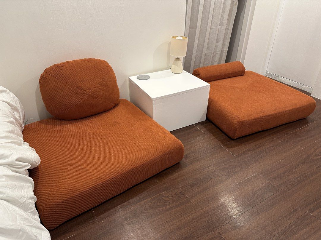 Orange Corduroy Floor Sofa Bed with Pillow (Category: Sofas) located in Paranaque City. Submitted by tinaascloset (Listing ID 1454195816, Image 3). Description: - Cozy orange corduroy floor sofa - Multi-functional: sofa, lounger, or bed - Comes with a matching cushion - Folds flat for easy storage - Ideal for small spaces or creating a reading nook - Adds a vibrant pop of color to your room.