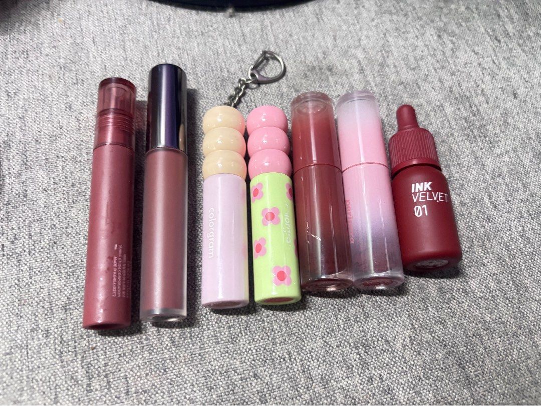 Peripera, Etude, Colorgram Lip Tints Bundle (Category: Makeup) located in Manila. Submitted by jazzaru (Listing ID 1454363575, Image 1). Description: 80 pesos each - will give discount if 3 or more Used max 3x-5x only - Etude Fixing Tint (06 Soft Walnut) - BBIA Velvet Tint (Feign Cool) - Peripera Ink Velvet (01) - Peripera Ink Moody (14) - Peripera Ink Moody (20 Brown Yakgwa) 50% remaining - Colorgram (2 Dewy Grapefruit) -Colorgram (5 Sweet Persi