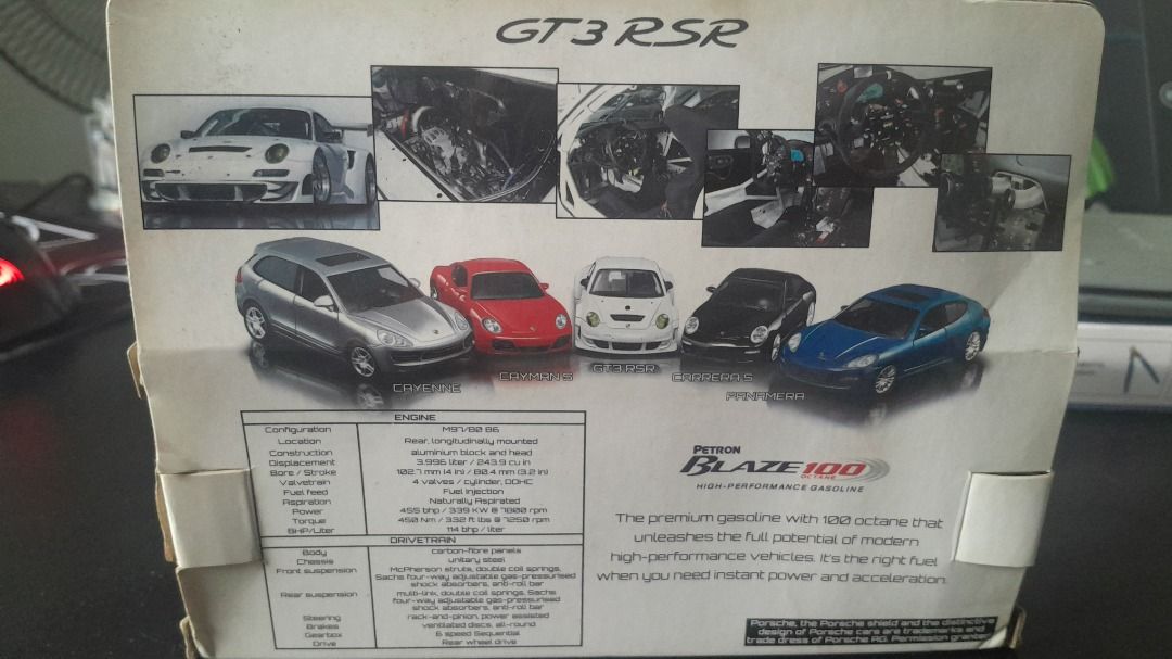 Petron - GT3 RSR (White) (Category: Vehicle & Diecast Models) located in Cainta. Submitted by lesleyblckvlvt (Listing ID 1454233420, Image 3). Description: A genuine Petron Porsche GT3 RSR model car. Good for display piece users, dioramas, restoration, or custom scale model builders. IMPORTANT NOTES ABOUT CONDITION - The overall body is intact, but shows minor signs of cosmetic wear and light-brownish specks/stains. - The underside battery compar