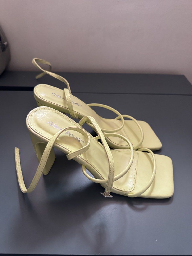 Public Desire square toe heels, size 38 (Category: Heels) located in Muntinlupa City. Submitted by nmphk (Listing ID 1454189656, Image 1). Description: Bought in the UK for a wedding but I went with a different shoe in the end. They are brand new and unworn. Strappy style heel, a nice vibrant light yellow colour. .