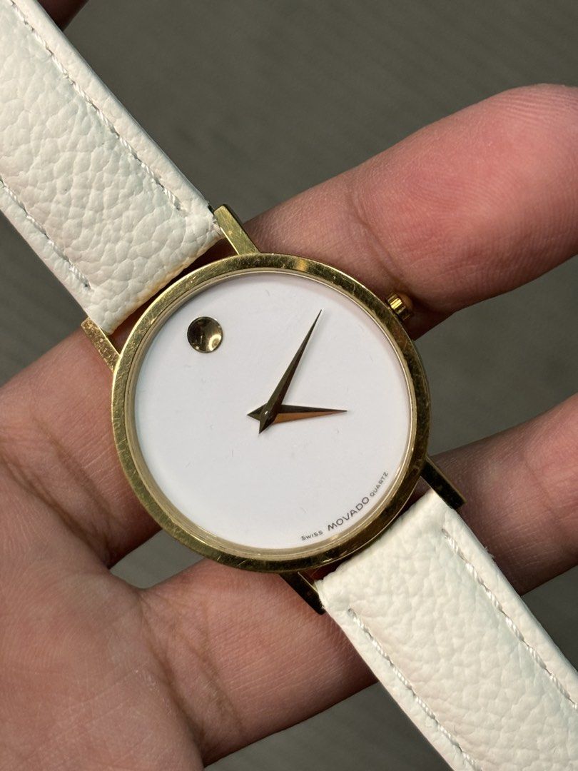 Rare Movado Museum White Dial (Category: Luxury Watches) located in Manila. Submitted by soughtafterseconds (Listing ID 1454248324, Image 2). Description: Rare Movado Museum White Dial This Movado Museum White Dial Gold Dress Watch (Ref. 87-45-882) is a rare and striking iteration of one of the most famous watch dial designs in modern art history. Trading the signature black face for a crisp white aesthetic, it offers a fresh, high-contrast look.