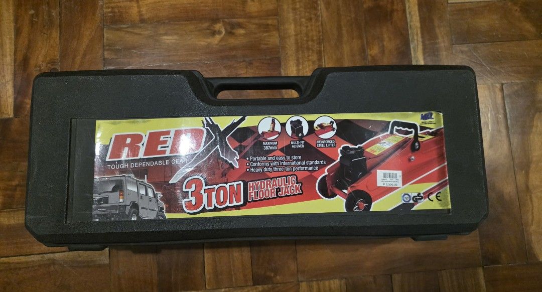 RED 3 Ton Hydraulic Floor Jack with Case (Category: Other Automotive Parts and Accessories) located in Pasay City. Submitted by rsar888 (Listing ID 1454268648, Image 1). Description: - Heavy-duty 3-ton hydraulic floor jack - Portable and easy to store - Includes a durable carrying case - Ideal for vehicle maintenance -Like new.