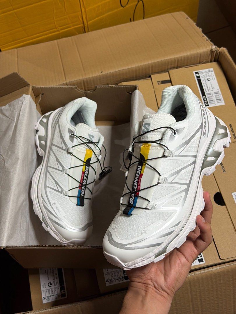 Salomon XT-6 GTX White Silver Running Shoes (Category: Sneakers) located in Tanza. Submitted by declutchedd_dd (Listing ID 1454217021, Image 1). Description: - Salomon XT-6 GTX - Color: White and Silver - Waterproof Gore-Tex technology - Convenient Quicklace system - Ideal for running and everyday wear - Comes with original box on hand!!!! dedeliver din ngayon if bibilhin ngayon .