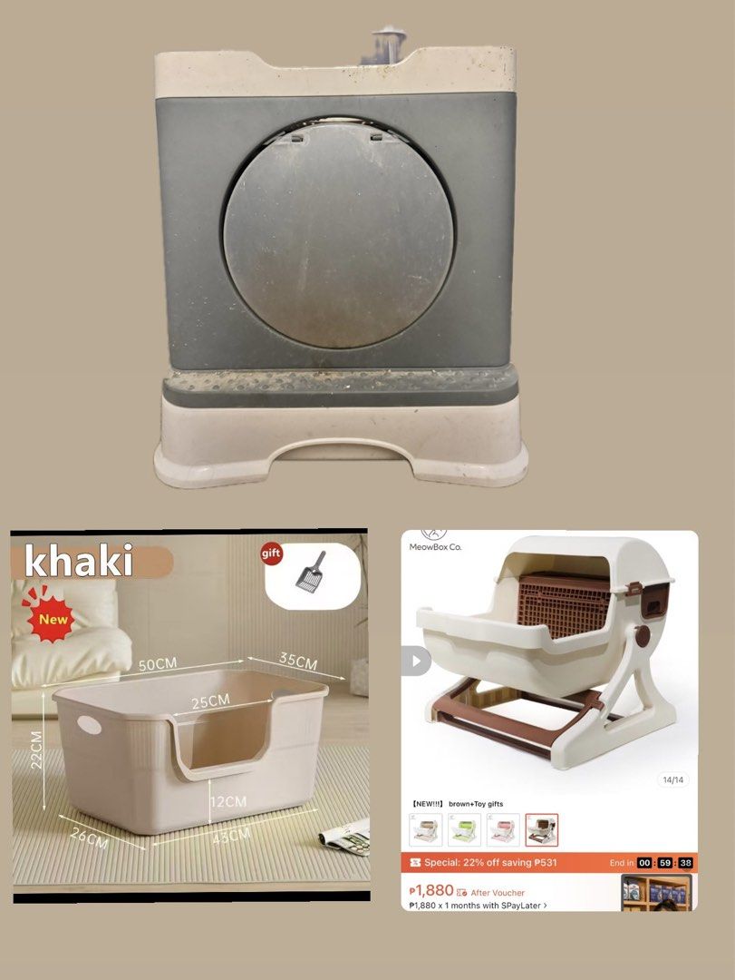 Semi automatic cat litter with 2 free cat litter box (Category: Homes & Other Pet Accessories) located in Quezon City. Submitted by mimim07 (Listing ID 1454314647, Image 1). Description: Slightly used- semi automatic cat litter Slightly used- open cat litter box Well used- closed litter box Used by my 2 cats No defect or cracks RFS: upgrade to automatic litter box.