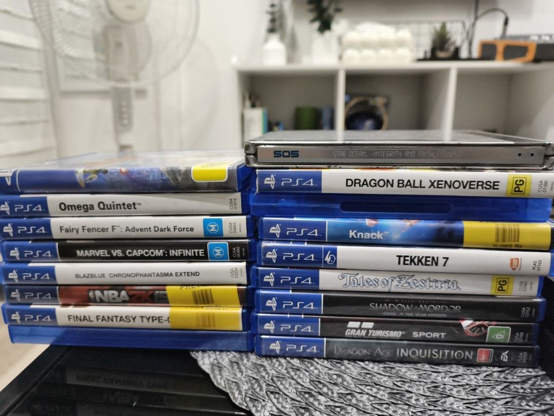 Sony PlayStation 4 Console with 2 Controllers and Games (Category: PlayStation) located in Quezon City. Submitted by darkillumi96099 (Listing ID 1454236435, Image 3). Description: - PS4 Console (not jb) - 2 Controllers (1 Black, 1 White) - Bundle of Popular PS4 Games (including Omega Quintet, Fairy Fencer F, Marvel vs Capcom Infinite, NBA 2K15, Final Fantasy Type-0, Dragon Ball Xenoverse, Knack, Tekken 7, Tales of Zestiria, Shadow of Mordor, Gran