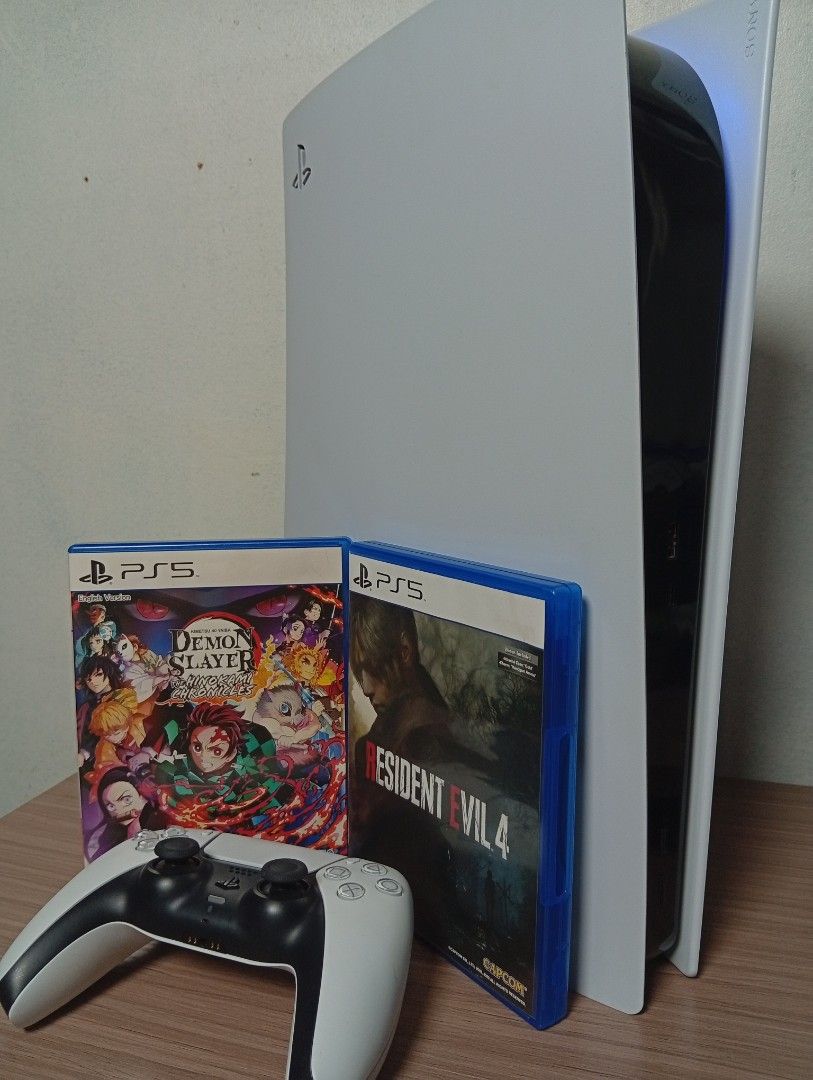 Sony PlayStation 5 (PS5) Console Fat / OG (Category: PlayStation) located in Caloocan City. Submitted by venicelend32913 (Listing ID 1454291230, Image 3). Description: Selling my personal PS5 phat / original disc edition model Latest model (CFI-1200) Manufactured and bought 2023 Includes: Complete original cables 1 Dualsense PS5 Controller 2 PS5 Games - Demon Slayer / Kimetsu no Yaiba Hinokami Chronicles - Resident Evil 4 Remake or 2 White Dualse
