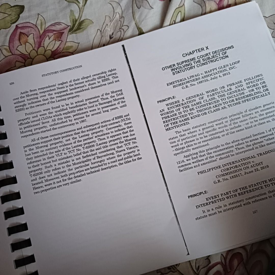 Statutory Construction (2015) by Suarez (Ring-bound) (Category: Textbooks) located in Quezon City. Submitted by shuangjiang (Listing ID 1454244322, Image 3). Description: Book title: Statutory Construction (2015) - Ring-bound Author: Rolando A. Suarez Condition: no front page, start is table of contents, minimal highlights and annotations, very good condition Price: 200 pesos MOP: GCash (pay as you order) Location: Quezon City Shipping via Lalamo