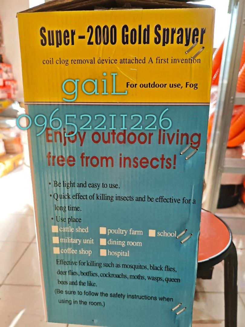 Super - 2000 Gold Sprayer / Mini Fogger / Fogging Machine (Category: Community) located in Caloocan City. Submitted by abieghail (Listing ID 1454235845, Image 3). Description: - Super-2000 Gold Sprayer: Effective insect killer. - Kills mosquitoes, black flies, and other flying insects. - Features a coil clog removal device. - Lightweight and easy to operate. - Provides quick insect-killing results. - Perfect for cattle sheds, poultry farms, schoo