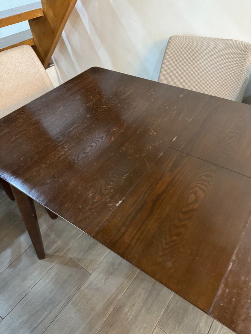 Wooden Table only (Category: Tables & Sets) located in Quezon City. Submitted by lovedthem (Listing ID 1454197525, Image 3). Description: - Recently varnished - Barely used as extended - Top needs some repainting (optional) (c/o buyer) - Color: Oak - Extendable table - 166cm x 80cm (extended) - 136cm x 80cm (standard size) - 4-6 seater Note: Two helpers needed for shipping.