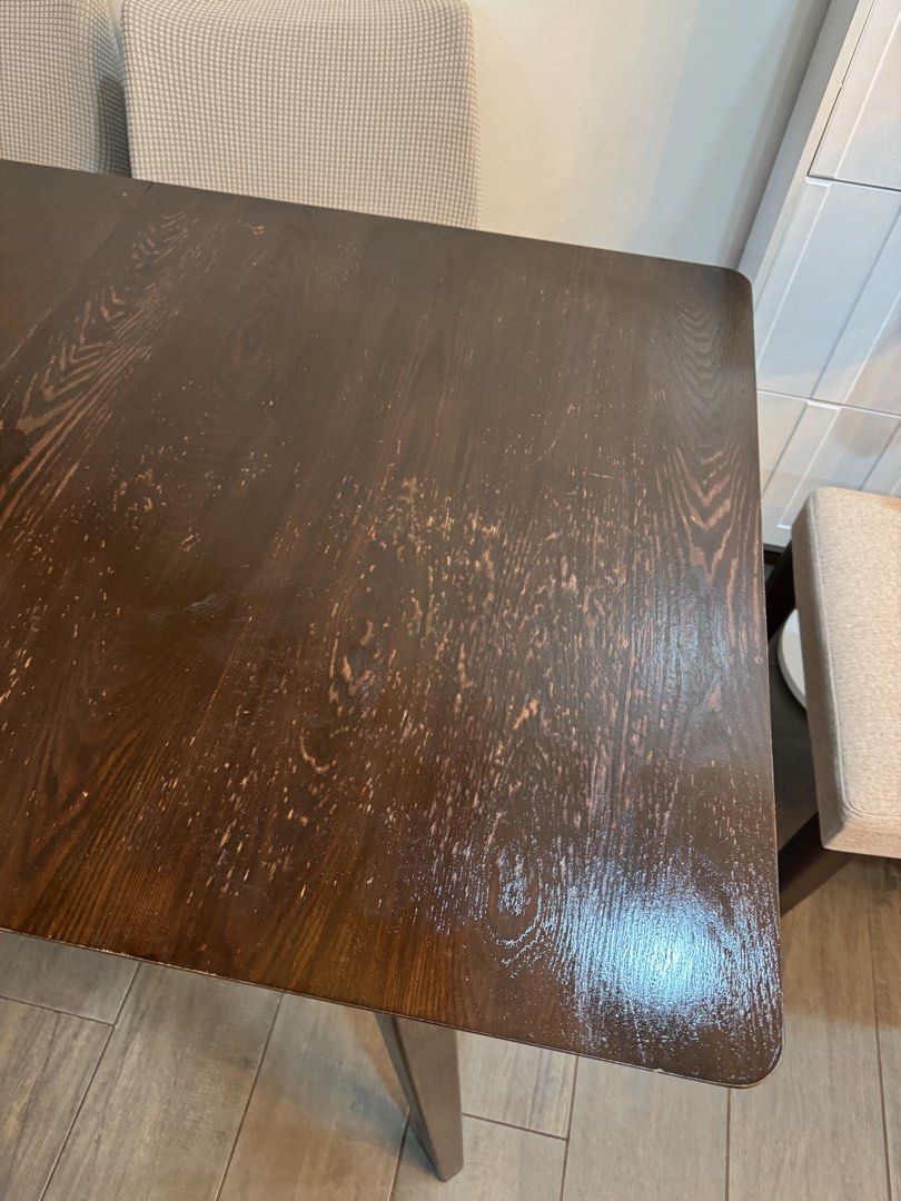 Wooden Table only (Category: Tables & Sets) located in Quezon City. Submitted by lovedthem (Listing ID 1454197525, Image 2). Description: - Recently varnished - Barely used as extended - Top needs some repainting (optional) (c/o buyer) - Color: Oak - Extendable table - 166cm x 80cm (extended) - 136cm x 80cm (standard size) - 4-6 seater Note: Two helpers needed for shipping.