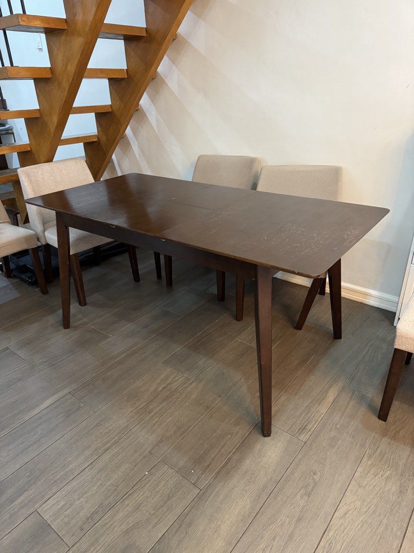 Wooden Table only (Category: Tables & Sets) located in Quezon City. Submitted by lovedthem (Listing ID 1454197525, Image 1). Description: - Recently varnished - Barely used as extended - Top needs some repainting (optional) (c/o buyer) - Color: Oak - Extendable table - 166cm x 80cm (extended) - 136cm x 80cm (standard size) - 4-6 seater Note: Two helpers needed for shipping.