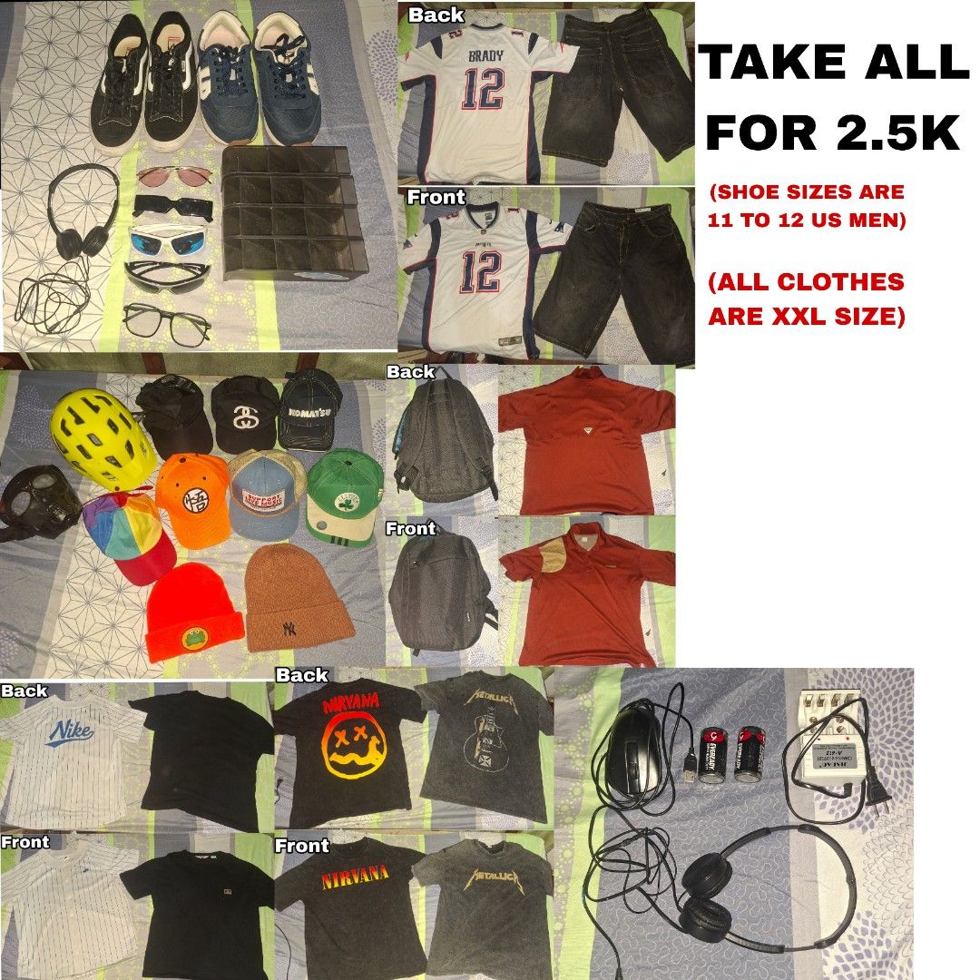 Take All Bundle: Shoes, Clothes, Caps, Accessories - 2.5K (Category: Caps & Hats) located in Quezon City. Submitted by polks. (Listing ID 1454212469, Image 1). Description: - Men's Bundle Deal! - Includes: Shoes (US Men's 11-12), XXL Clothing, Caps, Backpack, Headphones, and Mouse. - All items sold as a lot. - Great value for a quick sale!.