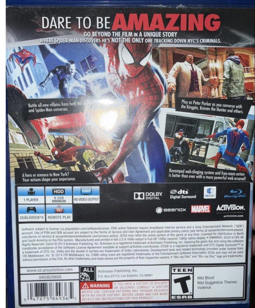 The Amazing Spider-Man 2 PS4 Game (Category: PlayStation) located in Manila. Submitted by safecat.36e597 (Listing ID 1454302186, Image 3). Description: - PS4 Game: Marvel's Spider-Man - Sequel to the first Amazing Spider-Man game - Explore an open-world New York City - Battle iconic villains like Kingpin and Venom - Experience thrilling action and adventure.