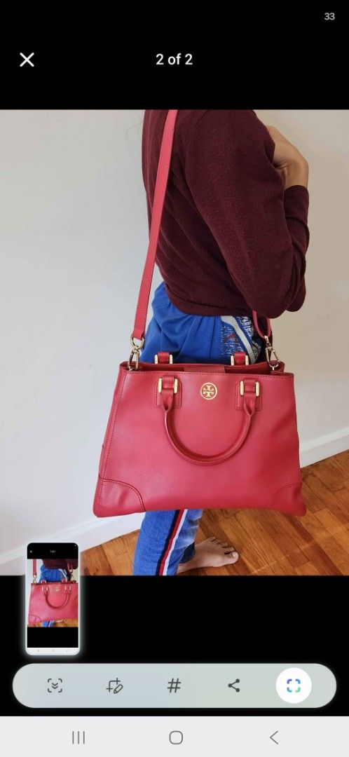 Tory Burch Red Leather Tote Bag with Shoulder Strap (Category: Luxury Bags & Wallets) located in Pasig City. Submitted by ThisandThatAvenue (Listing ID 1454284390, Image 2). Description: - Genuine red leather Tory Burch tote bag - Comfortable top handles - Includes a detachable shoulder strap for versatile carrying - Elegant gold hardware accents - Spacious interior, ideal for essentials - Perfect for everyday errands or travel adventures - Feel 