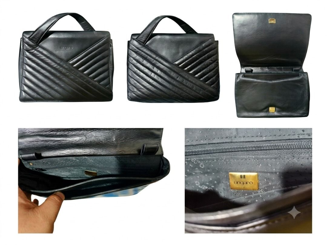 Ungaro Black Leather Handbag (Category: Luxury Bags & Wallets) located in San Leonardo. Submitted by burgossanleonardo.12345 (Listing ID 1454276469, Image 1). Description: - Classic black leather handbag by Ungaro - Unique quilted diagonal stripe design on front flap - Interior zippered pocket and slip pocket - Gold-tone hardware - Sturdy handle - Timeless and elegant piece.