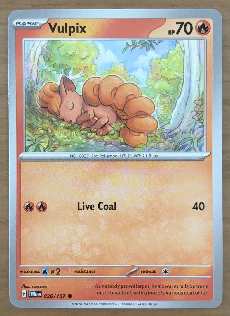 Vulpix | Pokemon Cards ~ Twilight Masquerade (sowsow) {EN} (Category: Raw Singles) located in Makati City. Submitted by cardlab (Listing ID 1454196817, Image 1). Description: Items are 💯 authentic/original/legit. About The Card: •Language: EN • Number: 026/167 • Common • Normal FOR: • Cards ₱99 and below with Card Sleeves • Cards ₱100 and up with Card Sleeves and Used Toploader • ₱10 for Bnew Tops Packaging (If Shipping): ✔️ Plastic cover ✔️ Car