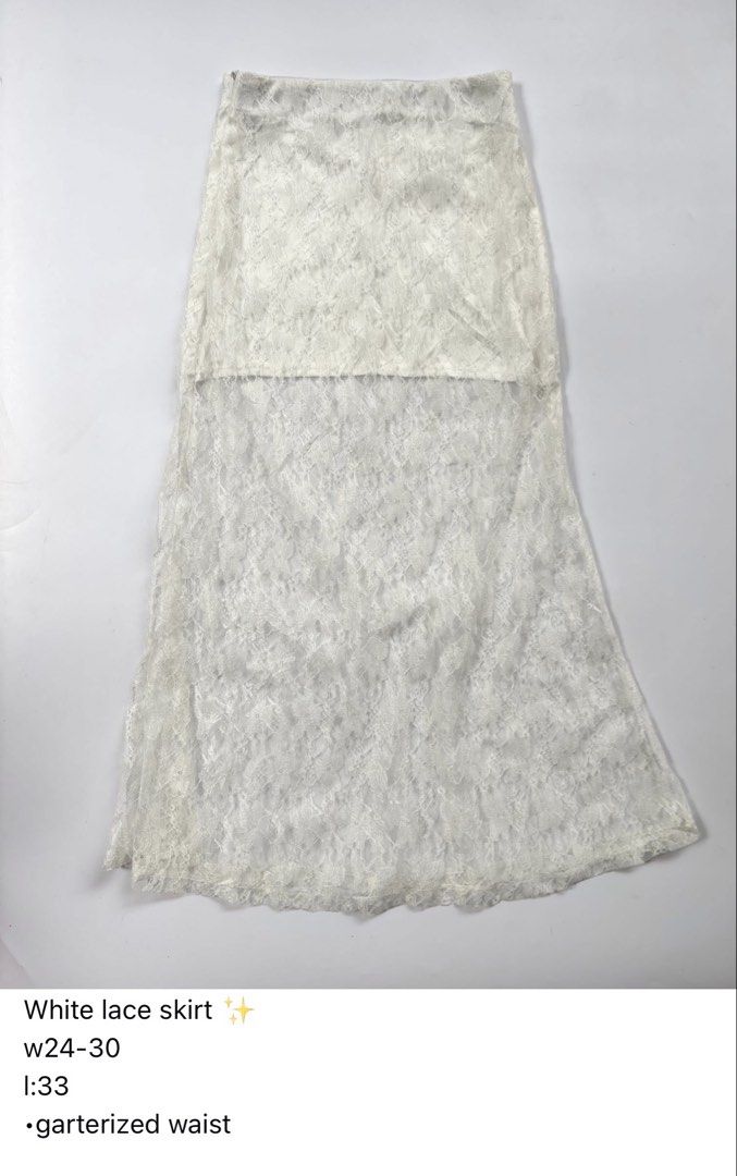 y2k white lace long skirt (Category: Skirts) located in San Enrique. Submitted by getsthrift (Listing ID 1454313434, Image 1). Description: no issue.