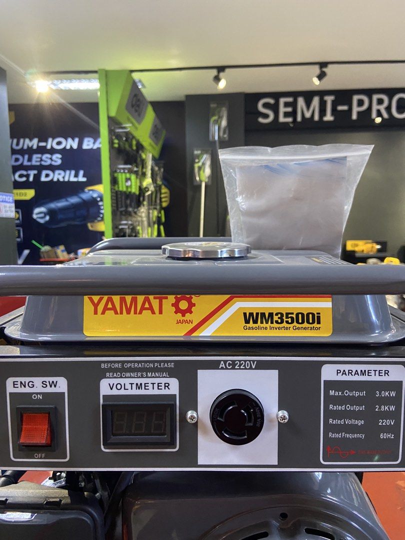 Yamato Gasoline Inverter Generator (Category: Construction Tools & Equipment) located in Manila. Submitted by justineange628 (Listing ID 1454193934, Image 2). Description: This is the YAMATO WM3500i Gasoline Inverter Generator, a reliable portable power source designed for homes, job sites, and emergency backup power. * ⚡ Maximum Output: 3.0 kW * ⚡ Rated Output: 2.8 kW * 🔌 Rated Voltage: 220V * 🔄 Frequency: 60Hz ⚡🔋 Power Anytime, Anywhere with