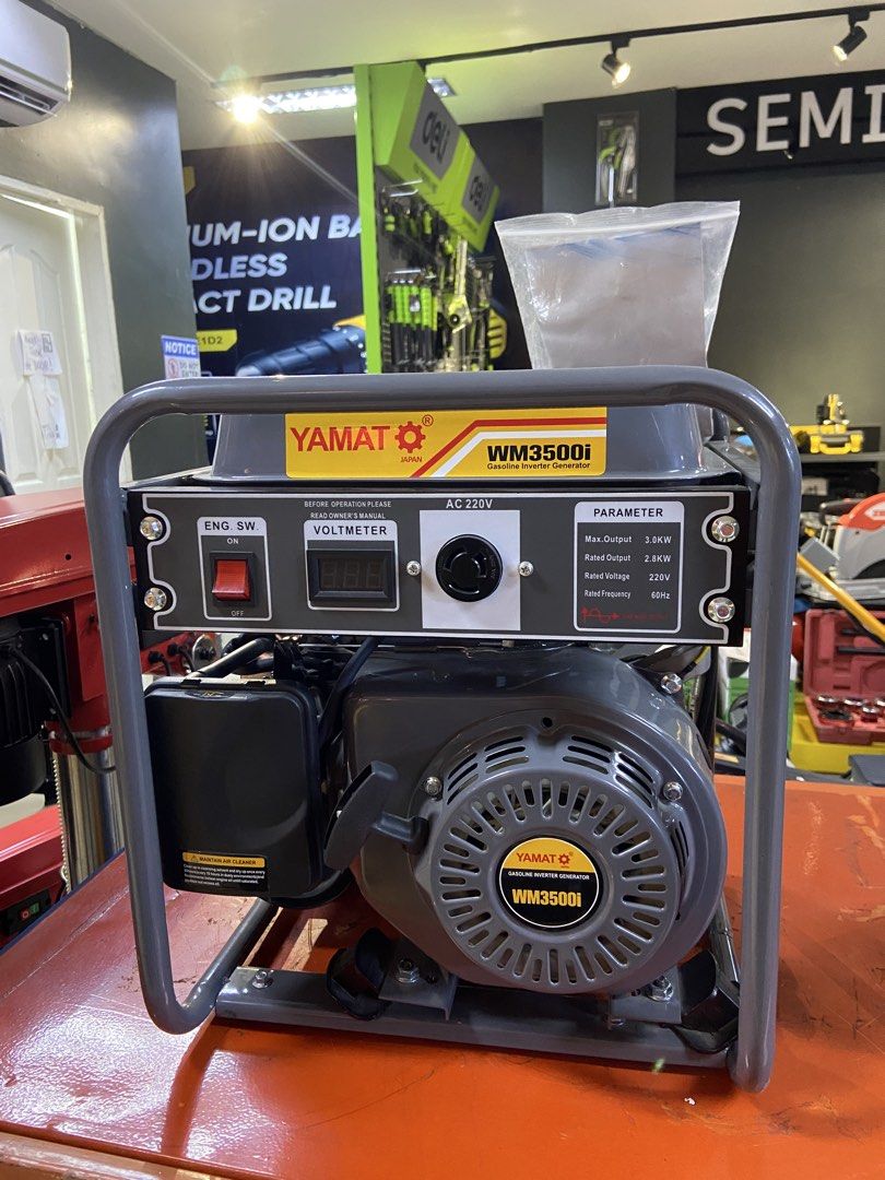 Yamato Gasoline Inverter Generator (Category: Construction Tools & Equipment) located in Manila. Submitted by justineange628 (Listing ID 1454193934, Image 1). Description: This is the YAMATO WM3500i Gasoline Inverter Generator, a reliable portable power source designed for homes, job sites, and emergency backup power. * ⚡ Maximum Output: 3.0 kW * ⚡ Rated Output: 2.8 kW * 🔌 Rated Voltage: 220V * 🔄 Frequency: 60Hz ⚡🔋 Power Anytime, Anywhere with