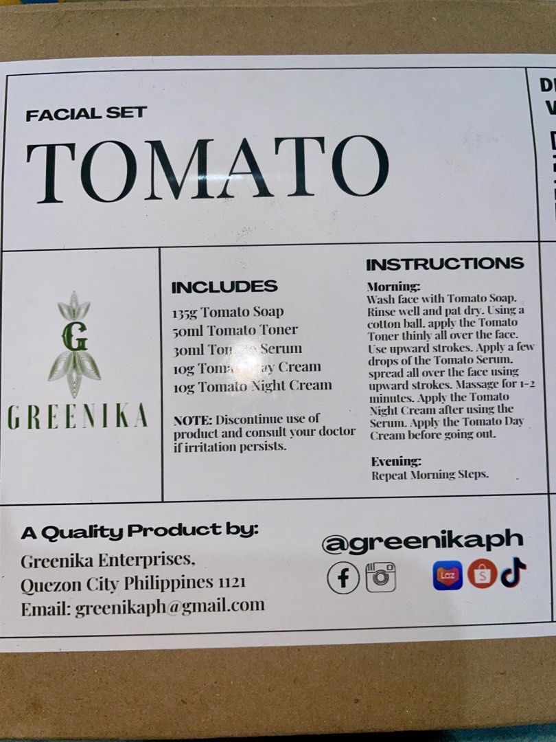 5pcs Greenika Tomato Facial Set (Category: Face Care) located in Rizal. Submitted by massivedecluttering (Listing ID 1454524332, Image 2). Description: .
