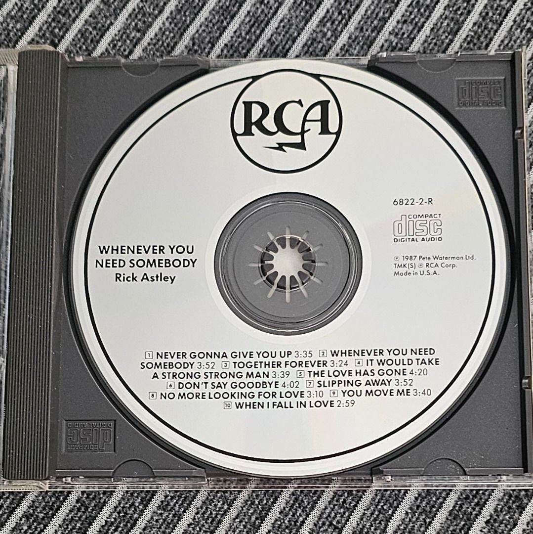 🌟 🇺🇸 [CD Album] Rick Astley – Whenever You Need Somebody (Category: CDs & DVDs) located in Singapore. Submitted by strangecell (Listing ID 1454371360, Image 3). Description: Many more Various Genres: https://www.carousell.sg/p/1253907759 Electronic Dance, EDM, DJ Mix: https://carousell.com/p/1035784902 Easy Listening, Funk Soul, Lounge, Jazz, New Age, Chill-out: https://carousell.com/p/1028943398 ************************************** Self-col