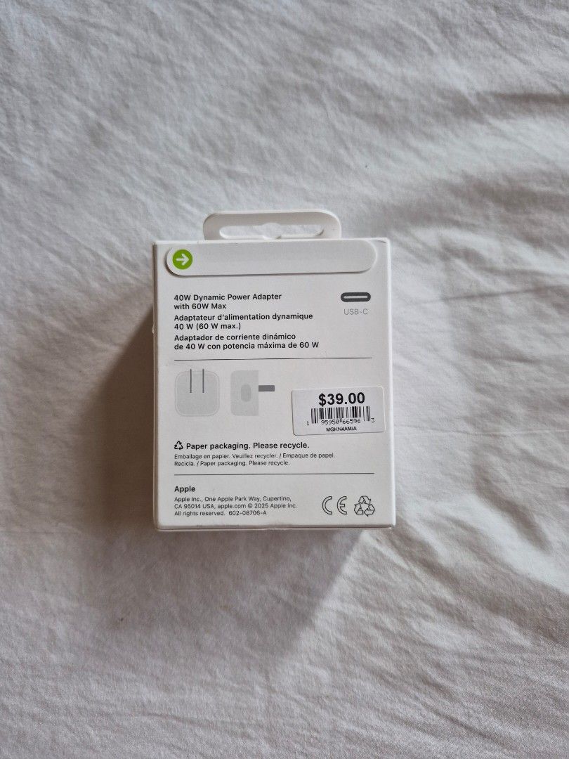 Apple 40W Dynamic Power Adapter USB-C (Category: Chargers & Cables) located in Quezon City. Submitted by ateeglobal (Listing ID 1454389644, Image 2). Description: - Original Apple 40W USB-C Power Adapter - Dynamically provides up to 40W of power - Ideal for hardware and software requiring consistent 40W with 60W Max - Includes original box - Price is firm.
