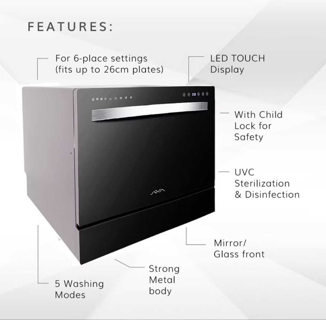AVA PORTABLE COUNTERTOP DISHWASHER ✨ (Category: Dishwasher) located in Quezon City. Submitted by grai25 (Listing ID 1454542410, Image 1). Description: FOR SALE: AVA PORTABLE COUNTERTOP DISHWASHER ✨ Condition: Good working condition. RFS: Not in use. Hindi alam gamitin ng kasambuhay namin Tested and working. No issues/damage. ✅ SPECS & FEATURES: - Brand: AVA - Capacity: 6-place settings / Fits up to 26cm plates, 10-inch diameter - 5 Washing Modes: