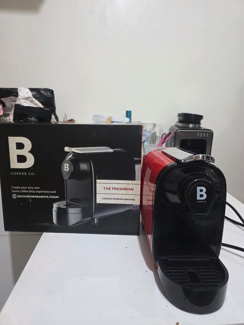 B Coffee Co. The Freshman Capsule Espresso Machine (Category: Coffee Machines & Makers) located in Mandaluyong City. Submitted by lacastell00 (Listing ID 1454481578, Image 1). Description: - B Coffee Co. The Freshman capsule espresso machine - Color: Red and Black - Create your own coffee shop experience at home - Easy to use - Includes original box - Ideal for coffee enthusiasts - Nespresso compatible - Location: Makati / Mandaluyong.