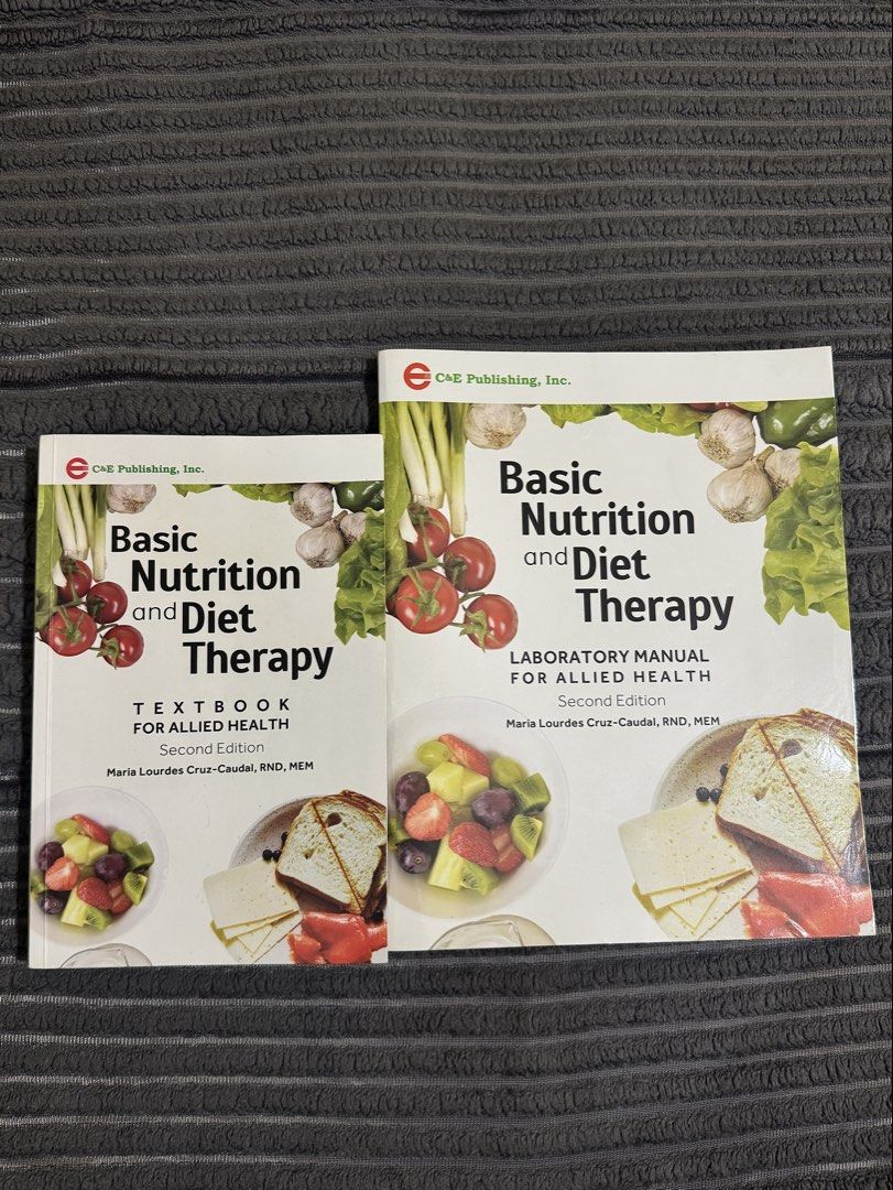 Basic Nutrition and Diet Therapy Textbook & Lab Manual 2nd Ed (Category: Textbooks) located in Butuan. Submitted by notcwp (Listing ID 1454530763, Image 1). Description: * Both books have plastic covers. * Textbook has some highlights. * Lab manual has some flaws on the first page, as shown in the photo. * Overall, both books are still in good condition..