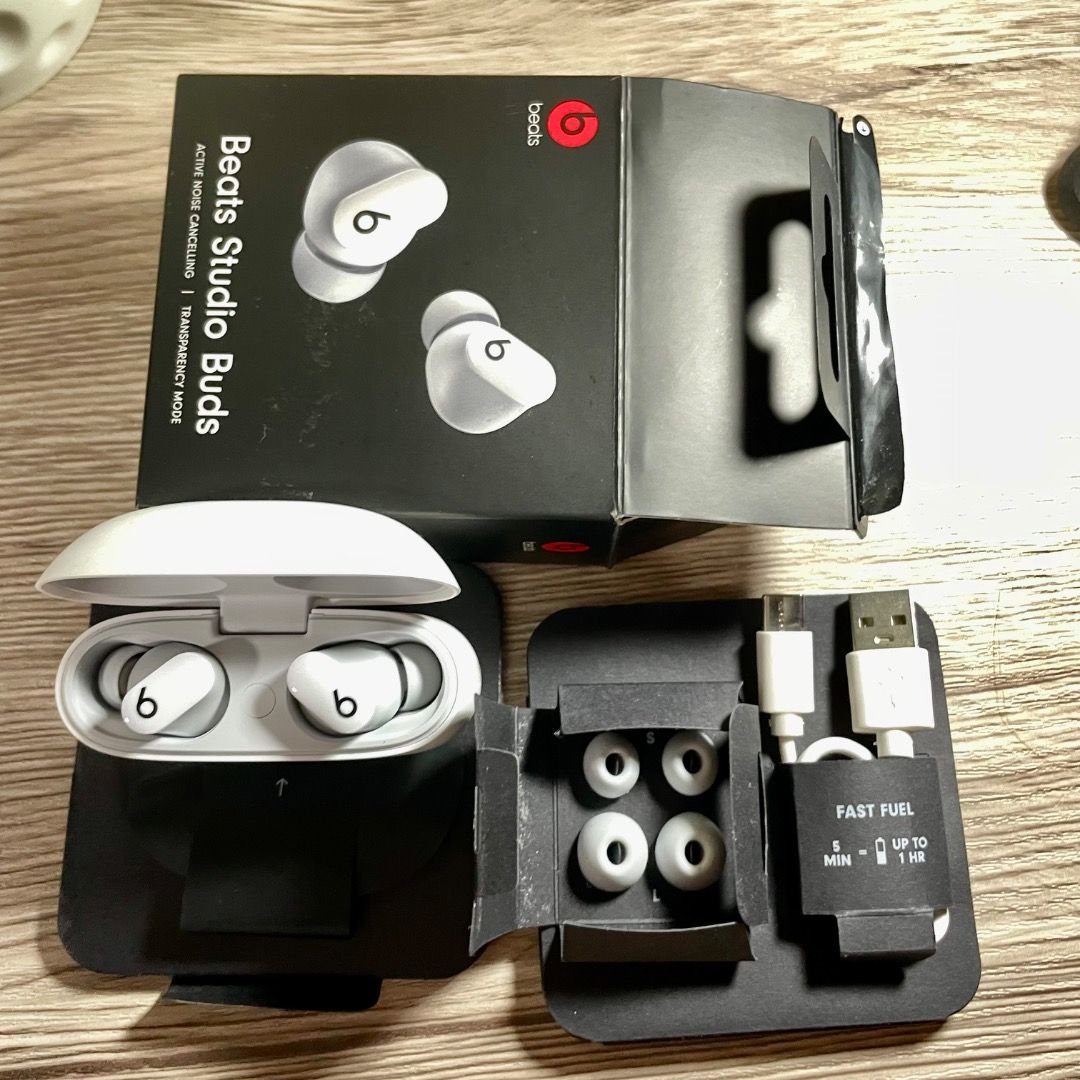 Beats Studio Buds True Wireless Noise Cancelling Earbuds White (Category: Earphones) located in Dasmarinas. Submitted by escalonajho (Listing ID 1454525610, Image 2). Description: - White Beats Studio Buds (Original) - Active Noise Cancelling - Transparency Mode - Includes Charging Case - Includes USB-C Cable - Includes Extra Ear Tips - eMusic Free Trial Card Included - All Original Packaging (With Box) - Excellent Sound Quality Battery & Chargin