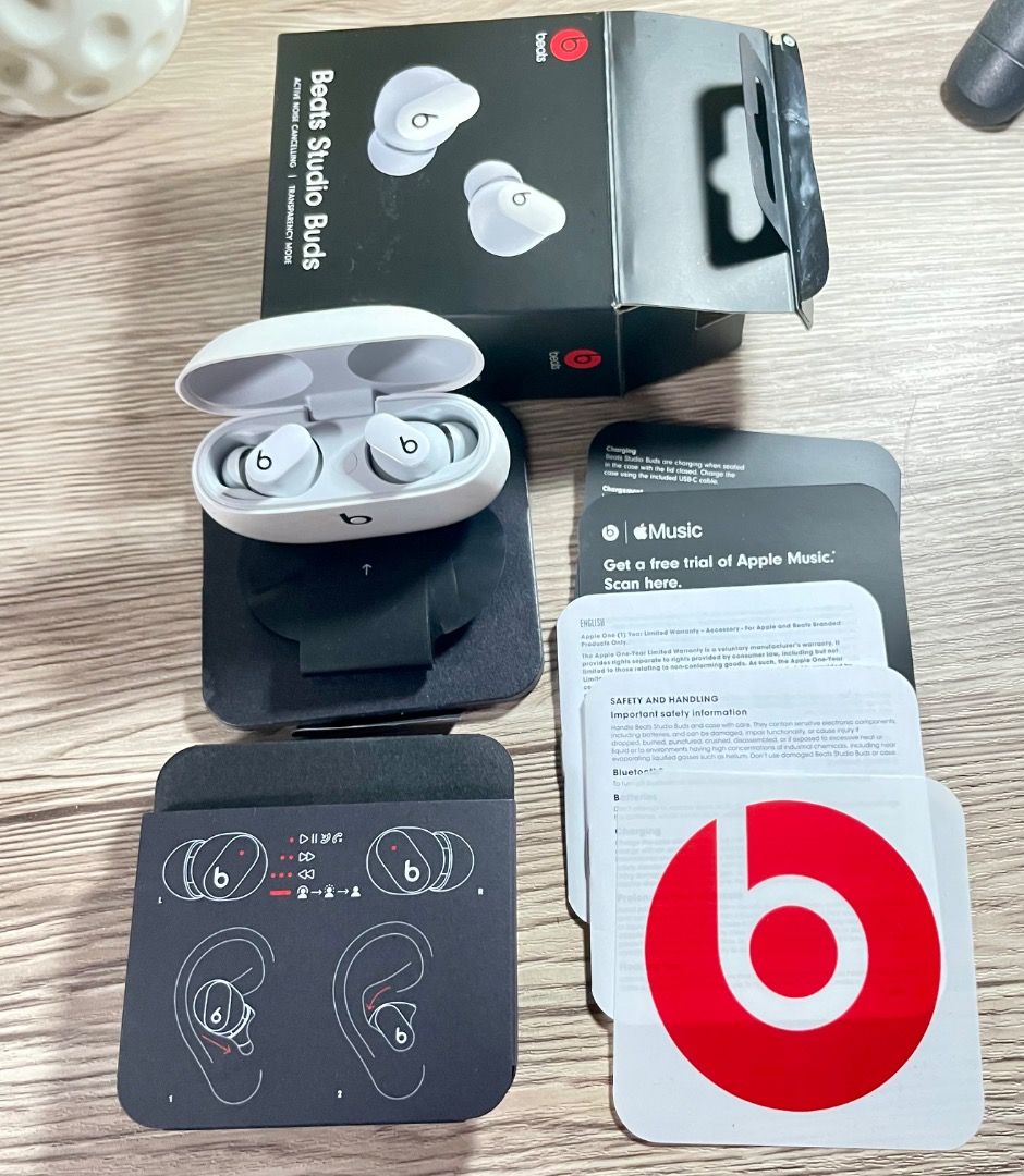 Beats Studio Buds True Wireless Noise Cancelling Earbuds White (Category: Earphones) located in Dasmarinas. Submitted by escalonajho (Listing ID 1454525610, Image 1). Description: - White Beats Studio Buds (Original) - Active Noise Cancelling - Transparency Mode - Includes Charging Case - Includes USB-C Cable - Includes Extra Ear Tips - eMusic Free Trial Card Included - All Original Packaging (With Box) - Excellent Sound Quality Battery & Chargin