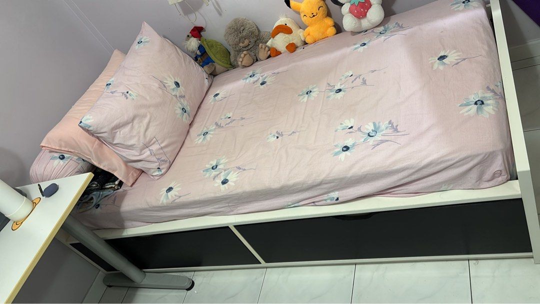Bed frame (Category: Bed Frames & Mattresses) located in Singapore. Submitted by drownfishi (Listing ID 1454530196, Image 1). Description: Bed frame with mattress, can just take the bed frame. From ikea. 2 drawers underneath .