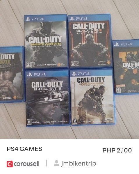 Call of Duty PS4 Games Bundle (Category: PlayStation) located in Valenzuela. Submitted by jmbikentrip (Listing ID 1454387410, Image 1). Description: - Bundle includes 5 Call of Duty games for PS4: - Infinite Warfare - Black Ops III - Ghosts - Advanced Warfare - WWII - All game discs are in their original cases. - A great collection for any Call of Duty enthusiast. - Price is for the entire set..