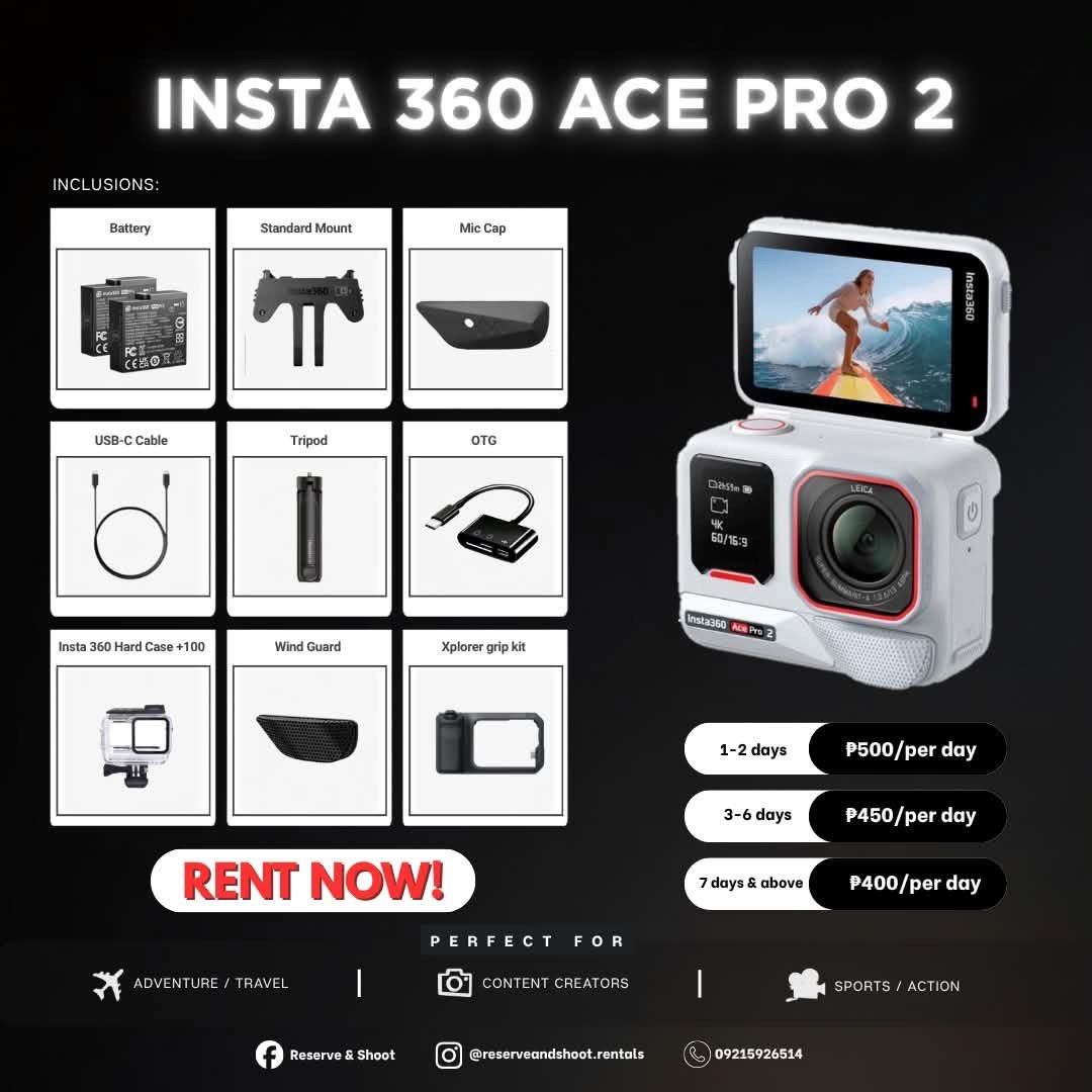 CAMERA RENTAL - INSTA360, DJI, INSTAX (Category: Video Cameras) located in Cabuyao City. Submitted by manelasells (Listing ID 1454494331, Image 3). Description: Need a camera for your next trip? Reserve now and shoot better! 📸 Can do meetups around 📍Cabuyao 📍Sta. Rosa 📍Calamba 📍Alabang, Las Piñas 📍Tiaong Quezon 📍San Pablo 📍Manila You may also message Reserve & Shoot in F B and reserveandshoot.rentals in I G for faster transaction!.