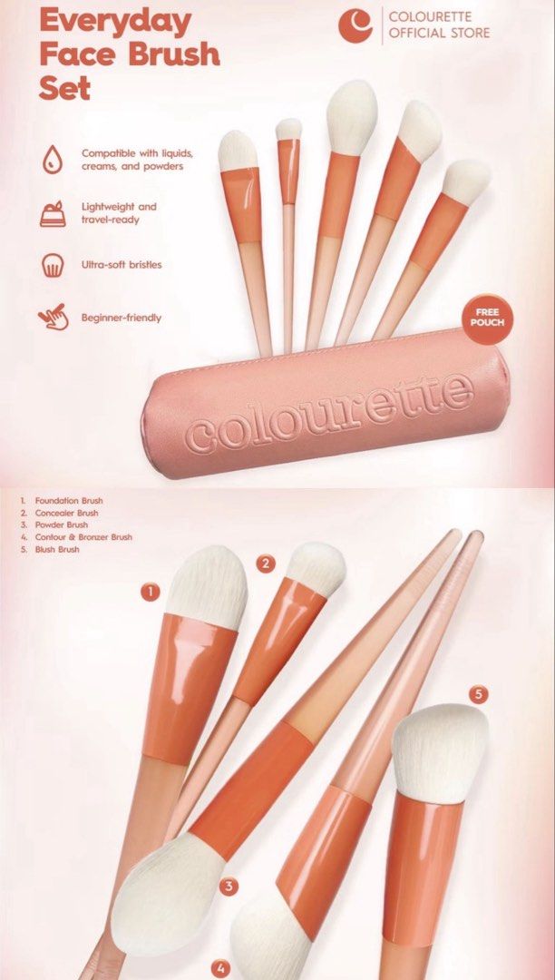 COLOURETTE BRUSH SET W/ POUCH (Category: Makeup) located in Manila. Submitted by mjaneeeeeyy (Listing ID 1454538601, Image 2). Description: COLOURETTE EVERYDAY FACE BRUSH SET W/ POUCH SRP: ₱1,745 SELLING: ₱699 SET 🌸 brand new & authentic 🌸 just opened for picture purpose only 🌸 visit my profile for other makeups & skincare available onhand 📍Tondo, Manila MOP: Gcash | Maribank | Maya | Gotyme MOD: Lalamove | Pickup | Tiktok Checkout .