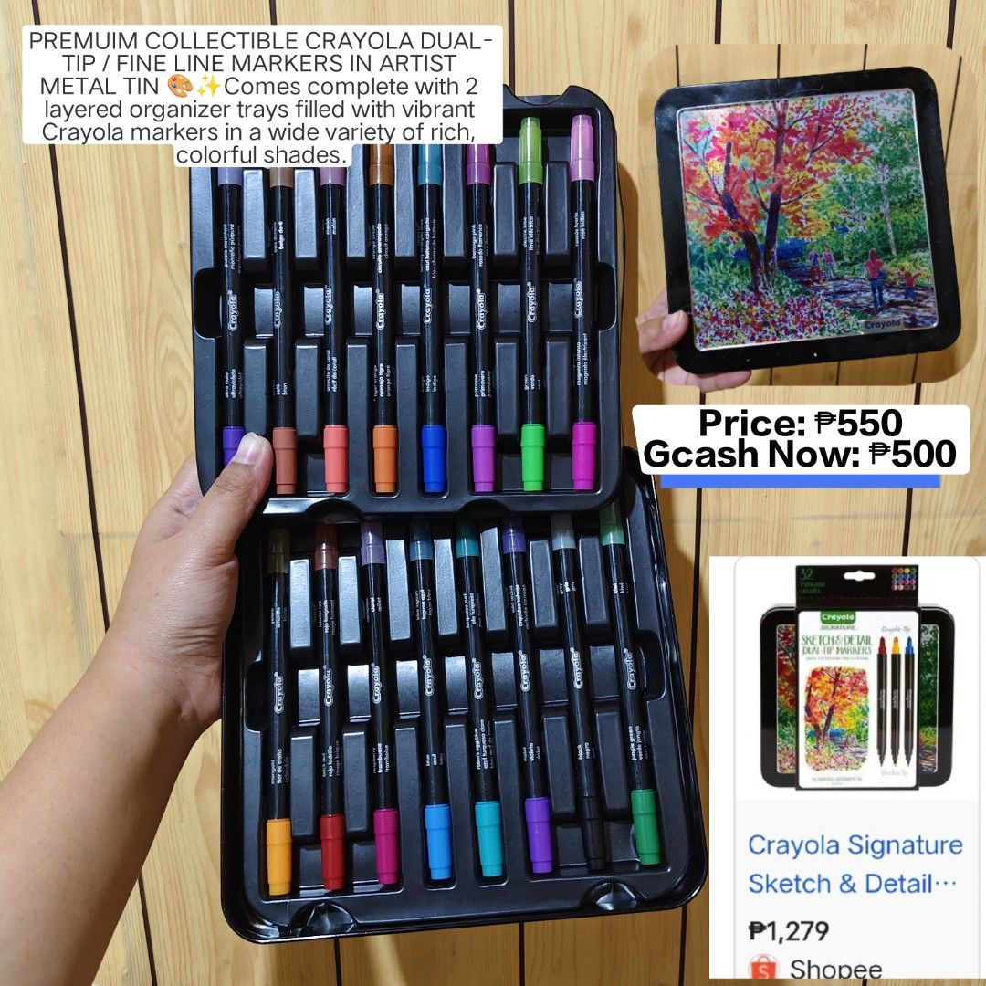 CRAYOLA DOUBLE TIP MARKERS (Category: Stationery & School Supplies) located in Baguio. Submitted by Jzys_Apparels (Listing ID 1454506359, Image 1). Description: - Premium collectible Crayola Dual-Tip Markers - Housed in a durable Artist Metal Tin - Features 2 layered organizer trays - Wide variety of rich, vibrant colors - Perfect for sketching and fine line detailing.