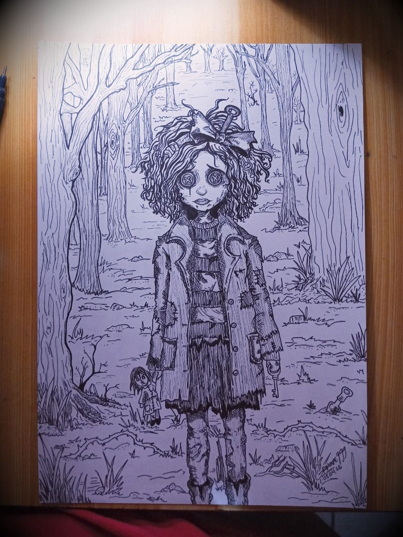 Creepy Doll Forest Ink Drawing (Category: Art & Prints) located in Caloocan City. Submitted by leiandre_29 (Listing ID 1454538780, Image 3). Description: Original artwork of mine - Hand-drawn ink artwork - Features a creepy doll in a forest setting - Detailed linework and shading - Unique, dark art piece - Perfect for collectors of gothic or macabre art - Signed by the artist.