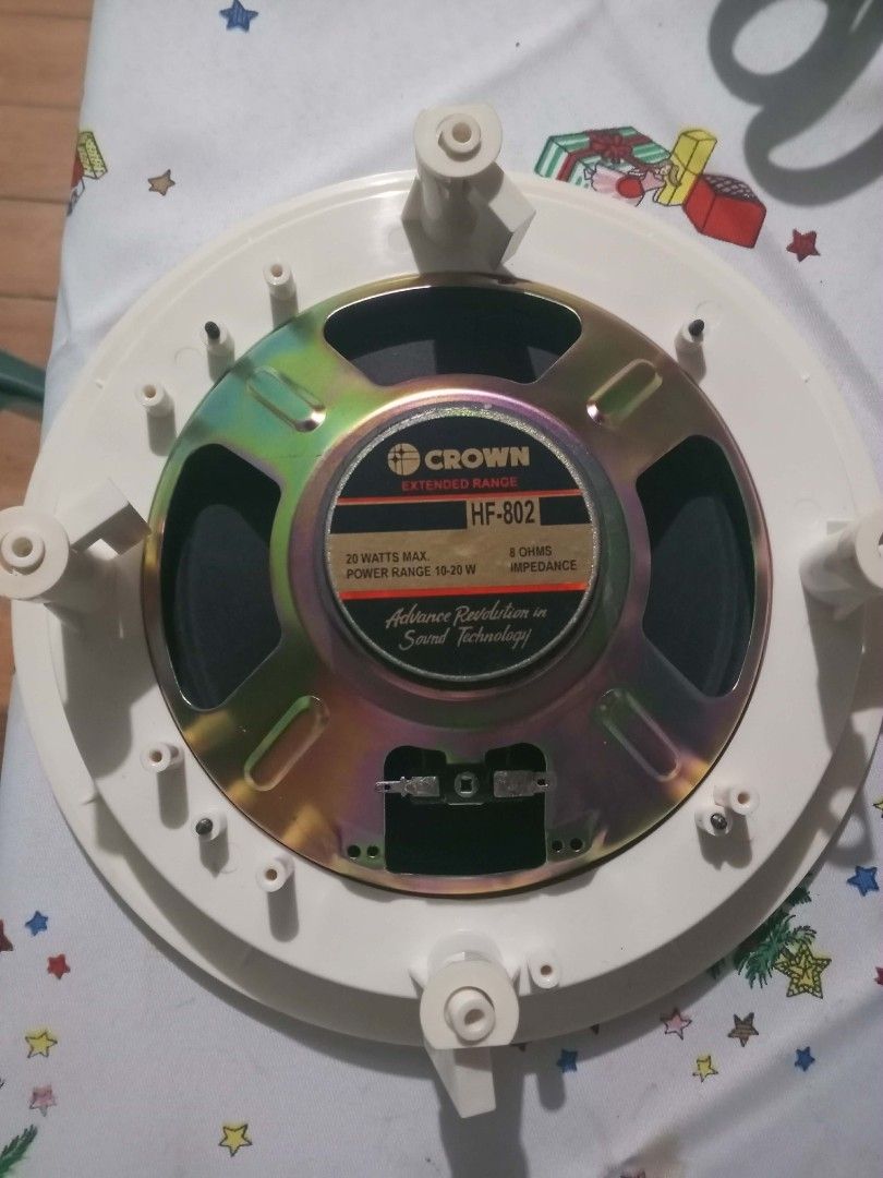 CROWN HF-802 Ceiling Speaker (Category: Soundbars, Speakers & Amplifiers) located in Caloocan City. Submitted by mlque (Listing ID 1454424981, Image 3). Description: Price: ₱1,000each (Negotiable for sure buyers and kukunin maramihan.) 10-15pcs available ✅ 8 Ohms Impedance ✅ 20 Watts Max (10–20W Power Range) ✅ Clear sound quality ✅ Ideal for: Cafés Restaurants Offices Home audio Background music (BGM) PA systems Churches Schools Speaker is in goo