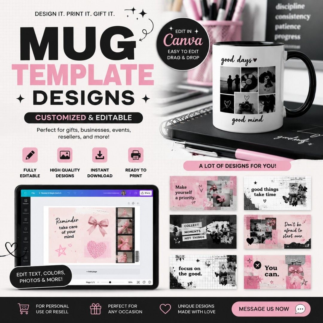 Custom Mug Design | Editable Canva Template (Category: Water Bottles & Tumblers) located in Manila. Submitted by yaomei_101 (Listing ID 1454371724, Image 1). Description: ☕ MUG DESIGN TEMPLATES & CUSTOM DESIGNS 🎀 READY-MADE — ₱30–₱50 Pre-designed mug templates that are already available. Choose your preferred design and receive the digital file/template. ✨ SIMPLE CUSTOM — ₱50–₱80 A personalized design with simple edits such as names, short text,