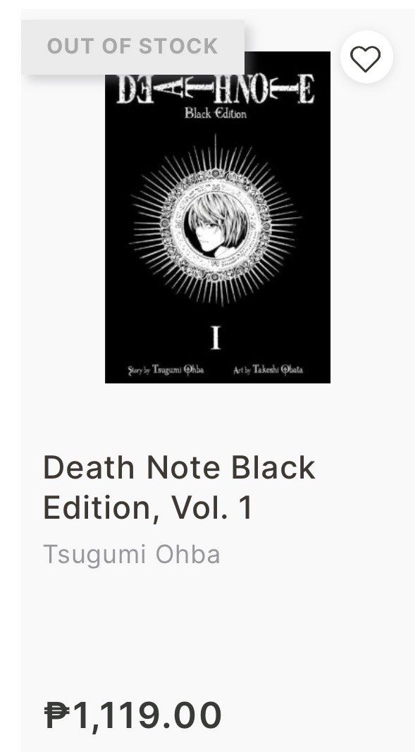 Death Note Black Edition Manga Volume 1 (Category: Comics & Manga) located in Makati City. Submitted by lokalsarisari (Listing ID 1451295394, Image 2). Description: For SALE / Binebenta Death Note Black Edition Manga Volume 1 Price: 450 Read once. Still in very good condition. Signs of usage. Bit of yellowing. Kindly manage your expectations. All bought from Fully Booked SRP is 1,119 Location: Makati MoP: Gcash / Bank Transfer Shipping shouldered