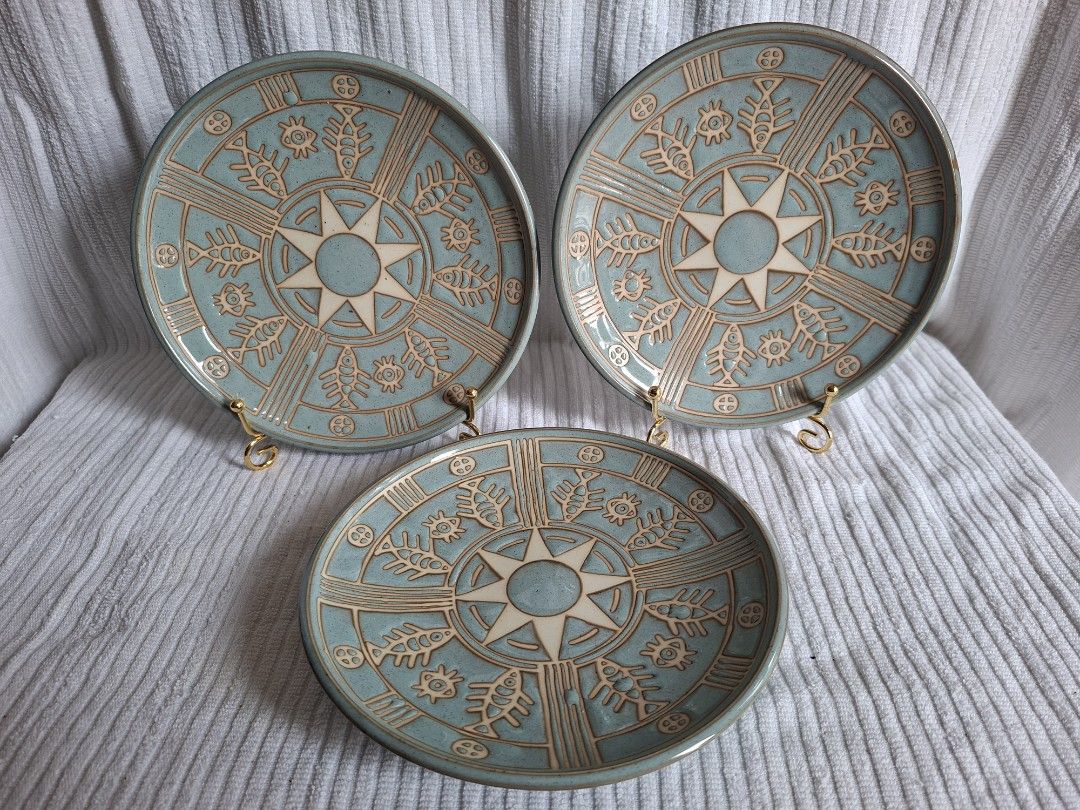 Decorative Ceramic Plates (Category: Vases & Decorative Bowls) located in Consolacion. Submitted by luxekerei (Listing ID 1454400532, Image 1). Description: - decorative ceramic plates feature a striking turquoise-blue glaze accented with embossed white starburst center motifs and tribal fish patterns from the Minoan-inspired ethnic series..