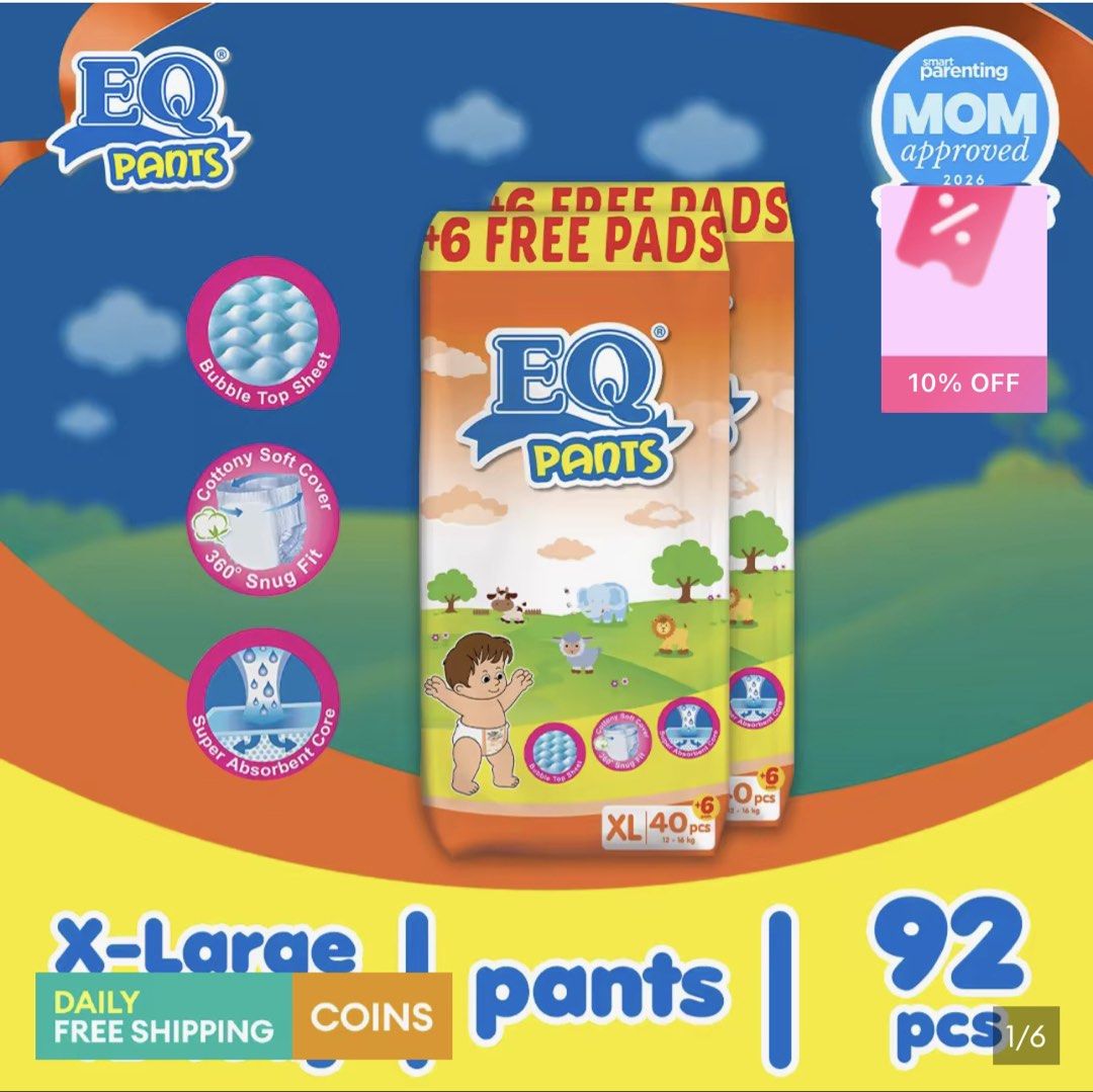 EQ Pants Diapers XL opened bag - 40pcs left (Category: Diapers & Baby Wipes) located in Pasig City. Submitted by goldendolphin.91ccb2 (Listing ID 1454535462, Image 1). Description: - EQ Pants Diapers - X-Large Size - 92 pieces per pack + 6 FREE pads - Features: Bubble Top Sheet, Cottony Soft Cover, 360° Snug Fit - Super Absorbent Core for maximum protection - Ideal for everyday use RFS: hindi hiyang ni baby.