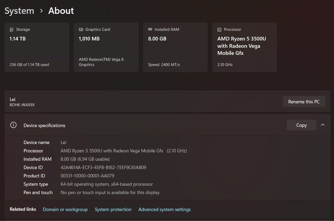 Huawei D15 laptop (Category: Laptops & Notebooks) located in Manila. Submitted by luxxz (Listing ID 1454501127, Image 3). Description: - Huawei Laptop for Sale - Processor: AMD Ryzen 5 3500U with Radeon Vega Mobile Gfx - RAM: 8GB - Storage: 1.14TB - Operating System: Windows 11 Pro - Includes: Original Charger - Ideal for: Everyday use, productivity, and work tasks -Well taken care of - Free keyboard and mouse - Perfect for wfh and students (Used