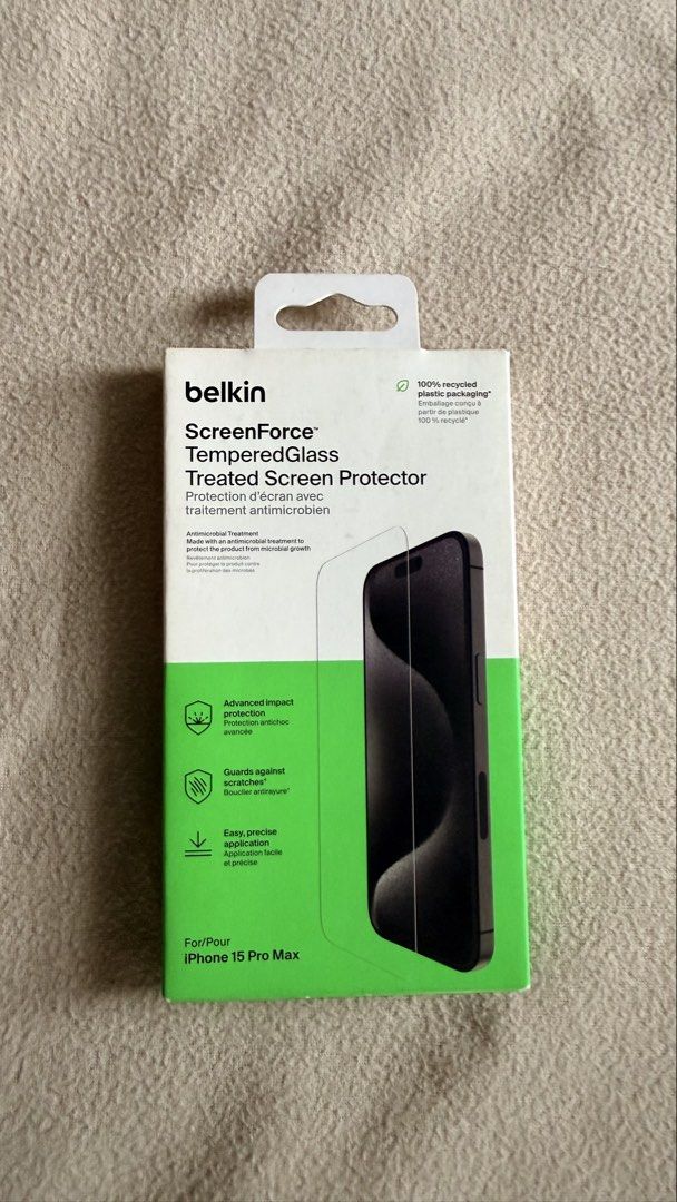 iPhone 15 Pro Max Belkin Tempered Glass Screen Protector (Category: Other Mobile & Gadget Accessories) located in Valenzuela. Submitted by jatentenenen (Listing ID 1454446567, Image 1). Description: Sealed Belkin screen protector for iPhone 15 Pro Max Belkin ScreenForce TemperedGlass Treated Screen Protector.