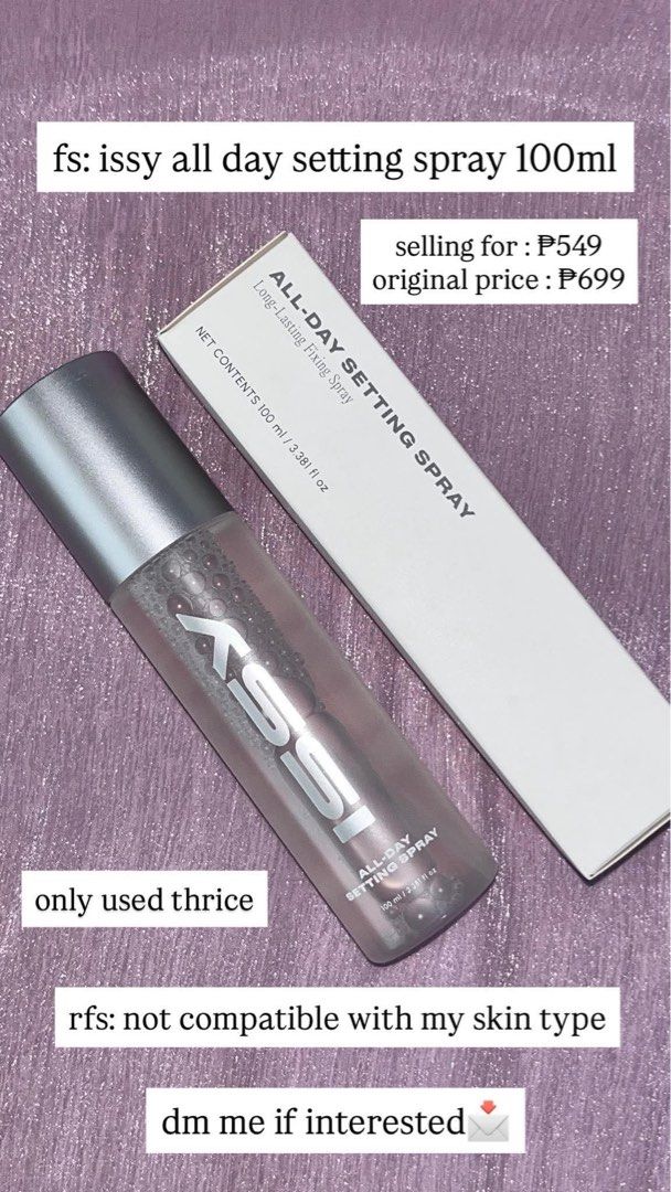 Issy All-Day Setting Spray 100ml Long-Lasting Fixing Spray (Category: Makeup) located in Pasig City. Submitted by bilibili_sarisari (Listing ID 1454409850, Image 2). Description: Issy All-Day Setting Spray, 100ml. Long-lasting fixing spray. Only used thrice. Not compatible with my skin type. Selling for P549, original price P699. DM me if interested..