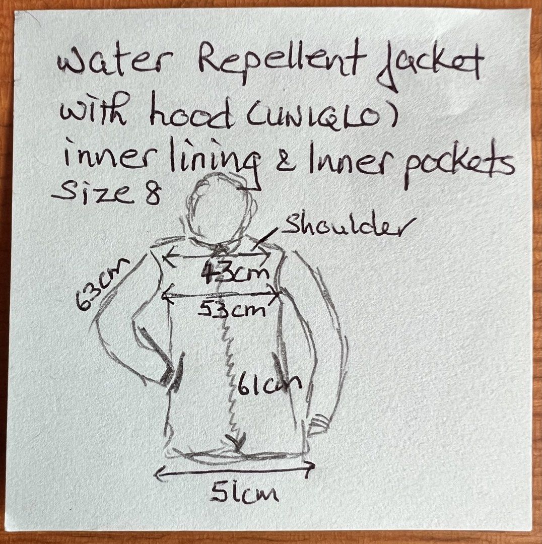 Jacket (Category: Coats, Jackets and Outerwear) located in Singapore. Submitted by original_0119 (Listing ID 1453894887, Image 6). Description: Uniqlo jacket. Size 8 Double lining. With inner pockets as well. Outer pockets with zipper. Come with hood.