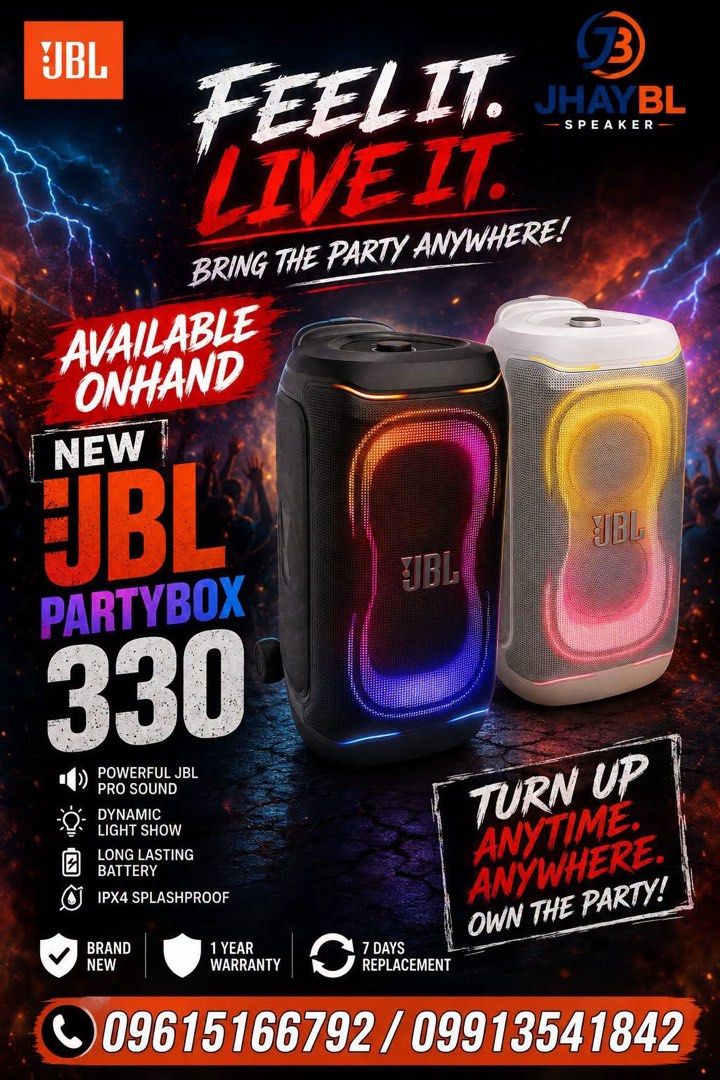 JBL PARTYBOX 330 (Category: Portable Music Players) located in Quezon City. Submitted by jhaybl (Listing ID 1454465446, Image 1). Description: 🔥 NEW JBL PARTYBOX 330 – AVAILABLE ONHAND! 🔥 Handa na bang i-level up ang party? 🎉 Experience the bagong JBL PARTYBOX 330 na may mas malakas na JBL Pro Sound, mas astig na light show, at mas solid na performance! BLACK 26K WHITE 27K ✅ Brand New ✅ Available Onhand ✅ 1 Year Service Warranty ✅ 7 Days Repla