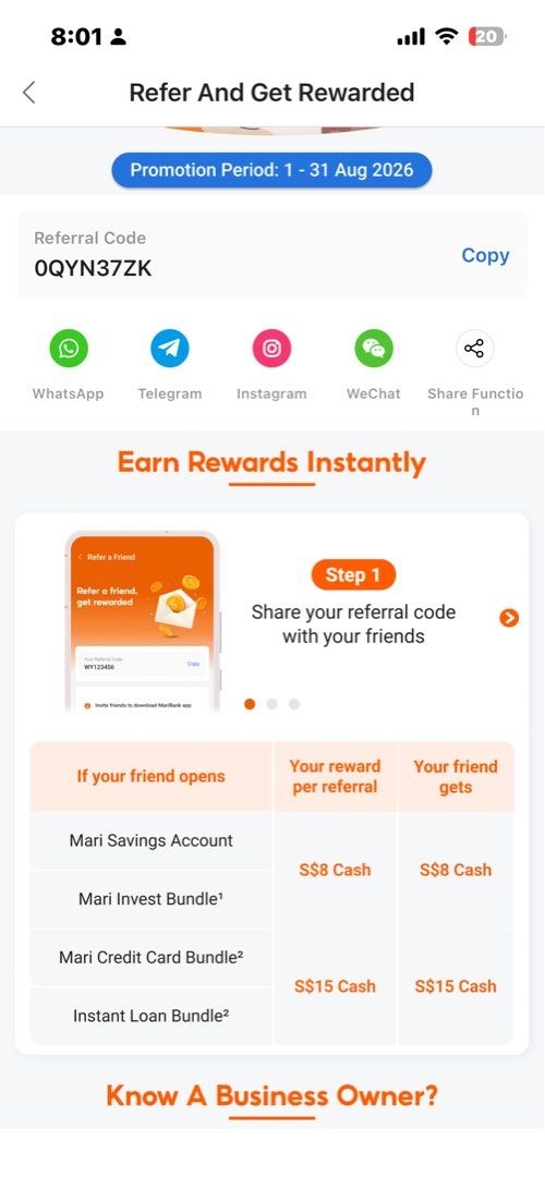 MariBank referal code (Category: Vouchers) located in Singapore. Submitted by potatopineapple (Listing ID 1454495967, Image 1). Description: Use my referral code: 0QYN37ZK #earn #money #card.