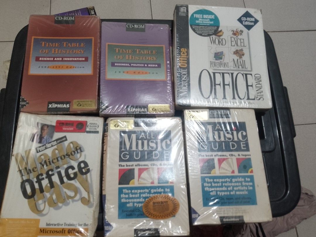 Microsoft Windows, Office, Encarta, WordPerfect, Bookshelf Software (Category: Textbooks) located in Quezon City. Submitted by epicfalcon.12133a (Listing ID 1454539447, Image 3). Description: - Microsoft Windows 3.1 - Microsoft Office Standard (Word, Excel, PowerPoint, Mail) - Microsoft Encarta 1994 - WordPerfect 6.0 - Microsoft Bookshelf '95 (2 copies) - Lotus 1-2-3 Release 4 Multimedia Edition - Time Table of History (2 versions) - All Music Gu